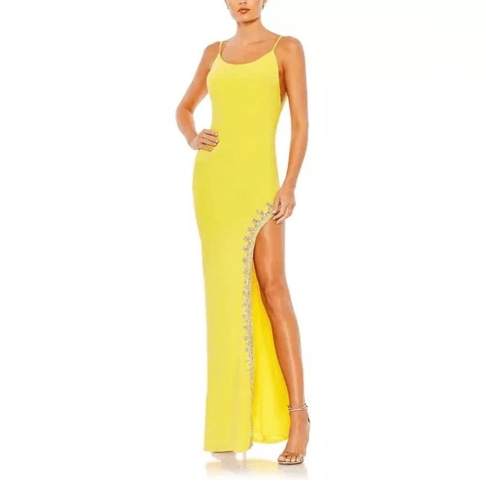 Mac DUGGAL Yellow Rhinestone Encrusted Side Slit Cami Bodycon Gown 16 42002 $399